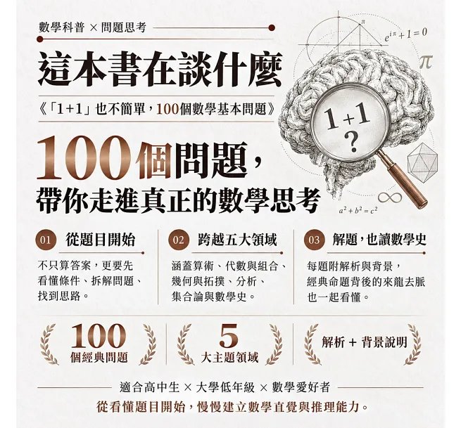 「1+1」也不簡單,100個數學基本問題:黎曼猜想、歌德巴赫猜想、費馬定理……解答之前,先挑戰看懂題目!-preview-2